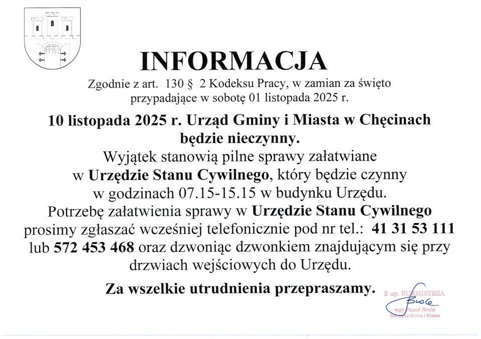 10.11.2025 Urząd Gminy i Miasta w Chęcinach będzie nieczynny.